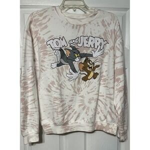 TOM & JERRY Women's L Sweatshirt Tie Dye Pink White Vintage Cartoons, 80s theme
